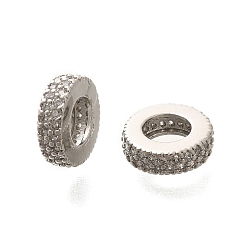 Платина Реечное покрытие латунь микро паве прозрачный кубический цирконий европейские бусины, бусины с большим отверстием, долговечный, без свинца и без кадмия, плоско-круглые, платина, 10x3 мм, отверстие : 5 мм
