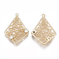 Echt 18 k vergoldet Messing filigrane Anhänger, mit Zirkonia, Karo, Transparent, Nickel frei, echt 18 k vergoldet, 26.5~27.5x18~19x2.5 mm, Bohrung: 1.2 mm