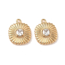 Настоящее золото 18K Подвески из латуни с микропаве из кубических цирконий с рифленой отделкой, долговечный, квадратный шарм, реальный 18 k позолоченный, 16x13x4.5 мм, отверстие : 1.4 мм