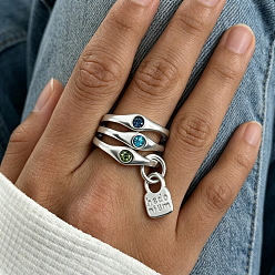 Silver Alloy & Glass Finger Rings, Lock, Silver, 18mm, about 3pcs/set