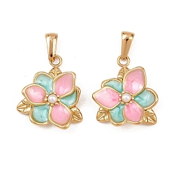 Бледно-Розовый 304 нержавеющей стальной эмали подвески, с абс пластмассовыми жемчужными бисером, цветок, золотые, розовый жемчуг, 24x20x5.5 мм, отверстие : 6.5x3 мм