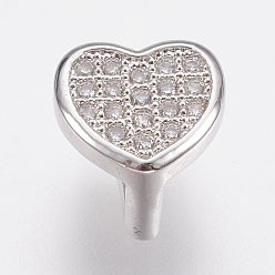 Platinum Eco-Friendly Brass Micro Pave Cubic Zirconia Slide Charms, Lead Free & Cadmium Free, Heart, Platinum, 8.5x9x6.5mm, Hole: 3x6mm