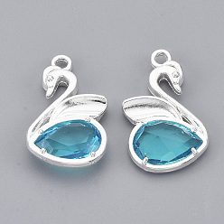 Silver Eco-Friendly Alloy Glass Pendants, Faceted, Nickel Free, Swan, Medium Turquoise, Silver Color Plated, 20x12.5x4mm, Hole: 1.5mm