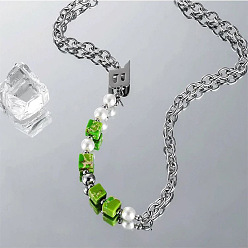 Нержавеющая Сталь Цвет Буква «б» и акриловые кубические бусины салатового цвета 201 ожерелье из нержавеющей цепочки, цвет нержавеющей стали, 19.69 дюйм (50 см)