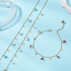 Смешанные камни Браслеты на лодыжку с кисточками из смеси драгоценных камней и 201 сердечками из нержавеющей стали, 304 женские ножные браслеты из нержавеющей стали с цепочкой, золотые, 8-7/8 дюйм (22.5 см)