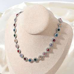 Colorful 304 Stainless Steel Full Rhinestone Flat Round Link Chain Necklaces for Women, Stainless Steel Color, Colorful, 16.14 inch(41cm)