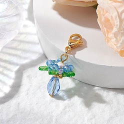 Светло-Голубой Подвесные украшения из стекла, акрила и ракушек с жемчужными цветами, с 304 застежкой-карабином из нержавеющей стали, Небесно-голубой, 44~46 мм
