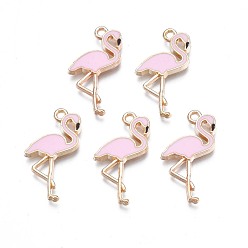 Бледно-Розовый Подвески из эмали и сплава, без кадмия, без никеля и без свинца, золотой свет, форма фламинго, розовый жемчуг, 25.5x15x2 мм, отверстие : 1.6 мм