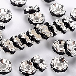 Black Brass Rhinestone Spacer Beads, Grade A, Black Rhinestone, Silver Color Plated, Nickel Free, Size: about 6mm in diameter, 3mm thick, hole: 1mm