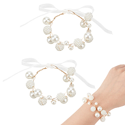 Белый 2 шт. искусственный жемчужный браслет-корсаж в виде цветка жизни, ручной цветок для невесты или подружки невесты, свадьба, партийные украшения, белые, 138~990x7~22x0.1~10 мм