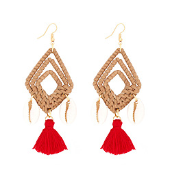 Red Western Style Dangle Earings, with Woven Rattan, Cowrie Shell and Tassel, Rhombus, Red, 100x40mm