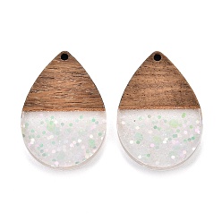 Бледно-Розовый Подвески из эпоксидной смолы и орехового дерева, с пайеткой / блестками, слеза, розовый жемчуг, 36x24.5x3.5 мм, отверстие : 2 мм