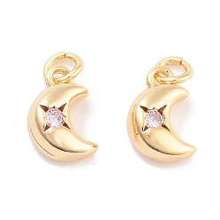 лаванда Латунные микро проложить кубического циркония подвески, без кадмия, без никеля и без свинца, реальный 18 k позолоченный, луна, с целью перехода в кольце, лаванда, 9.5x6.5x4 мм, отверстие : 2.4 мм
