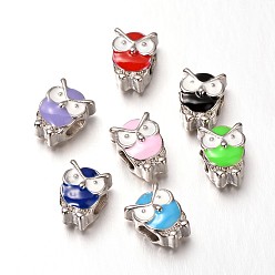 Mixed Color Owl Alloy Enamel Large Hole European Animal Beads, Mixed Color, 12x9x8mm, Hole: 4.5mm