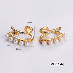 Golden 316 Surgical Stainless Steel Stud Earrings for Women, with Imitation Pearl, Golden, 23x12mm