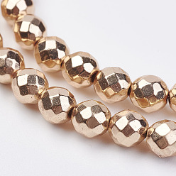Light Gold Plated Non-magnetic Synthetic Hematite Bead Strands, Faceted, Round, Light Gold Plated, 10mm, Hole: 1.5mm, about 44~50pcs/strand, 15.2 inch~15.7 inch
