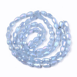 Light Steel Blue Electroplate Glass Beads Strands, AB Color Plated, Imitation Jade Glass, Faceted Teardrop, Light Steel Blue, 4x3mm, Hole: 0.7mm, about 98~99pcs/strand, 16.54~16.92 inch(42~43cm)
