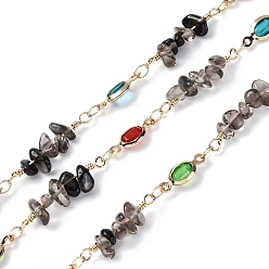 Дымчатый Кварц Латунные цепные цепи, со стеклянными и натуральными бусинами дымчатого кварца, долговечный, пайки, золотые, с катушкой, 13.5x5x2.5 мм, около 16.40 футов (5 м) / рулон