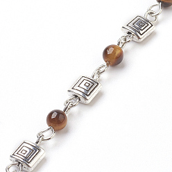 Тигровый глаз Ручной натуральный тигровый глаз бисерные цепочки, несварные, с железной иглой и сплавом, старинное серебро и платина, 4~5 мм, 39.37 дюйм, 1 м / прядь