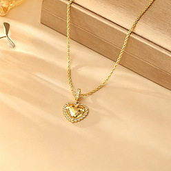 Golden Brass Micro Pave Clear Cubic Zirconia Pendant Necklaces, Heart, Golden, 15.75 inch(40cm)