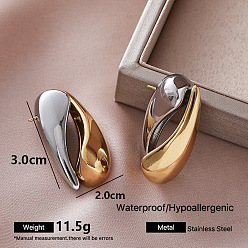 Golden & Stainless Steel Color 304 Stainless Steel Stud Earrings for Women, Teardrop, Golden & Stainless Steel Color, 30x20mm