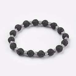 Platin beschichtet Stretch-Armbänder, mit elektromagnetischen nichtmagnetischen synthetischen Hämatitperlen und natürlichen Lavasteinperlen, Platin beschichtet, 2-1/8 Zoll (5.5 cm)