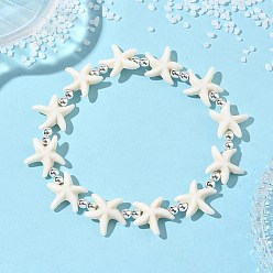 Серебро Браслеты из синтетической бирюзы и немагнитных гематитовых бусин, эластичные, для женщин и мужчин., морская звезда, белые, серебряные, внутренний диаметр: 2.01 дюйм (5.1 см)