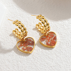 Камень с Пылевым Золотом День святого Валентина 304 Серьги-гвоздики из нержавеющей стали и эпоксидной смолы, с синтетическим Голдстоун, сердце, золотые, 42x20 мм