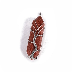 Goldstone Synthetic Goldstone Big Pendants, Platinum Tone Copper Wire Wrapped Bullet, Double Terminated Point Charms, 50x10x10mm
