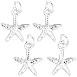 Silver 4Pcs Ocean 925 Sterling Silver Starfish Charms, with Jump Rings and 1 Sheet Double Sided Suede Fabric Silver Polishing Cloth, Silver, 8x6.4x2mm, Hole: 1.6mm