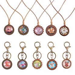 Mixed Color DIY Keychain, with Wood Pendant Cabochon Settings, Clear Glass Cabochons, Waxed Polyester Cord, Brass Jump Rings and Iron Lobster Clasp Keychain, Mixed Color