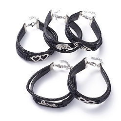 Black Unisex Retro Leather Cord Multi-strand Bracelets, with Waxed Cotton Cord, 201 Stainless Steel Links, Iron Ribbon Ends and 304 Stainless Steel Lobster Claw Clasps, Mixed Shapes, Black, 7-7/8 inch(20cm), 14mm