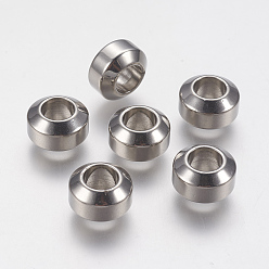 Stainless Steel Color Tarnish Resistant 201 Stainless Steel Beads, Large Hole Beads, Rondelle, Stainless Steel Color, 11x6.5mm, Hole: 6mm