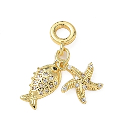 Fish Европейские подвески-шармы с морскими животными из латуни, паве из прозрачных кубических цирконий, Подвески с большими отверстиями, реальный 18 k позолоченный, рыба, 26.5 мм, отверстие : 4 мм
