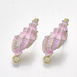 Pink Spray Painted Alloy Stud Earring Findings, with Steel Pins, with Loop, Conch, Light Gold, Pink, 24~24.5x10mm, Hole: 1.6mm, Pin: 0.7mm