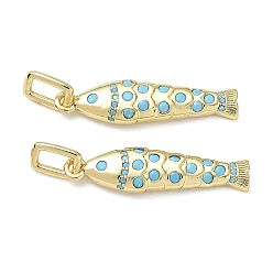 Bleu Ciel Micro cuivres ouvrent pendentifs zircone cubique, charmes de poissons, plaqué longue durée, crémaillère plaquage, sans plomb et sans cadmium, réel 18 k plaqué or, bleu ciel, 32x8x3mm, Trou: 6x3mm