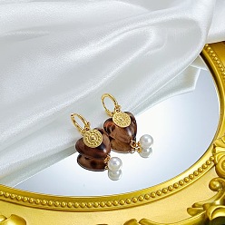 Plano Redondo 304 pendientes de aro de acero inoxidable para mujer, corazón, Pendientes colgantes de perlas de resina y plástico, dorado, plano y redondo, 45x20 mm