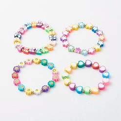 Mixed Color Handmade Polymer Clay Beads Stretch Bracelets, with Brass Beads, Mixed Color, Inner Diameter: 2.48~2.52 inch(63~64mm)
