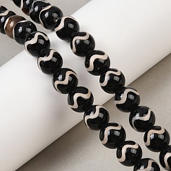 Horse Tooth Pattern Тибетского стиля DZI бисер нитей, природных бисера агат, круглые, чёрные, окрашенная и подогревом, узор из конских зубов, 10 мм, отверстие : 1 мм, около 35 шт / нитка, 13.70'' (34.8 см)
