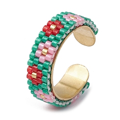 Цветок 304 открытая манжета из нержавеющей стали со стеклянными бусинами, цветок, размер США 6 1/2 (16.9 мм)