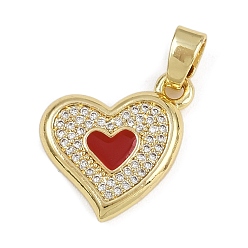 Красный Латунные микропроволочные кубические циркониевые подвески из эмали, сердце прелести, долговечный, стойки покрытие, без свинца и без кадмия, красные, 18x17x2.5 мм, отверстие : 5.5x3 мм