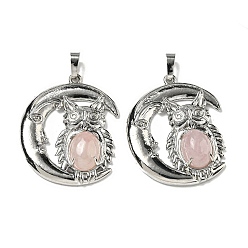 Розовый Кварц Природного розового кварца подвески, Подвески в виде совы со стойкой, латунь, луна, платина, без кадмия и без свинца, 38.5x31.5x8 мм, отверстие : 8x5 мм