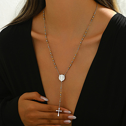 Плоский Круглый Винтажные 201 четки из нержавеющей стали, Saint Corss Tassel Y-образные панк-хип-хоп ожерелья для женщин, серебряный цвет гальваническим, плоско-круглые, 20.87 дюйм (53 см)