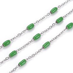 Зеленый 304 кабельные цепи из нержавеющей стали, с эмалевыми овальными бусинами, пайки, с катушкой, Плоско-овальные, цвет нержавеющей стали, зелёные, 5x2.5 мм, ссылка: 2x1.6x0.3 mm, около 32.8 футов (10 м) / рулон