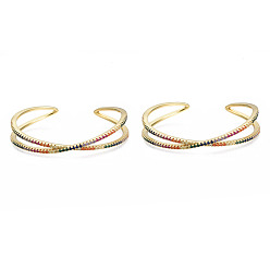 Golden Colorful Cubic Zirconia Criss Cross Cuff Bangle, Brass Wire Wrap Open Bangle for Women, Nickel Free, Golden, Inner Diameter: 2-1/4 inch(5.6cm)