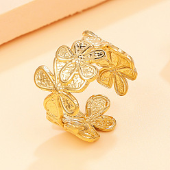 Настоящее золото 18K 304 открытые кольца манжеты из нержавеющей стали, цветок, реальный 18 k позолоченный, 17 мм