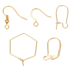Настоящее золото 18K Латунные крючки для сережек и фурнитура для сережек с застежкой-рычагом, с горизонтальной петлей, долговечный, реальный 18 k позолоченный, 14~26.5x9~20.5x0.7~4 мм, отверстие : 1.58~2 мм, штифты : 0.7~0.8 мм, 10 шт / стиль