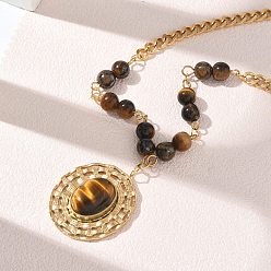 Golden 304 Stainless Steel Flat Round Pendant Round Natural Tiger Eye Beaded Chain Necklaces, Ion Plating(IP), Golden, 16.54 inch(42cm)