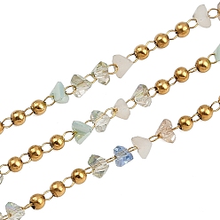 Лазурный 304 цепи из бисера ручной работы из нержавеющей стали, со стеклянными бусинами, ионное покрытие (ip), несварные, реальный 18 k позолоченный, круглый с наггетсами, лазурный, 3x2.5x2 мм