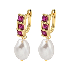 Фуксиновый Серьга-кольцо из латуни с микропаве из кубического циркония, без кадмия и без свинца, долговечный, с ABS имитации жемчуга, реальный 18 k позолоченный, овальные, красно-фиолетовые, 34x11 мм